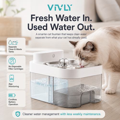 Dual-Tank Clean & Waste Water Fountain (Filter-Free): Fresh Water Daily